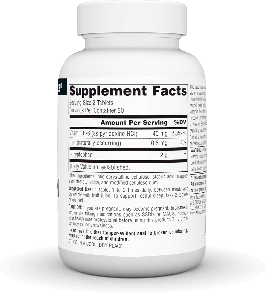 Source Naturals L-Triptófano con Vitamina B-6 - Apoyo al estado de ánimo, relajación y sueño - 1000mg - 60 comprimidos