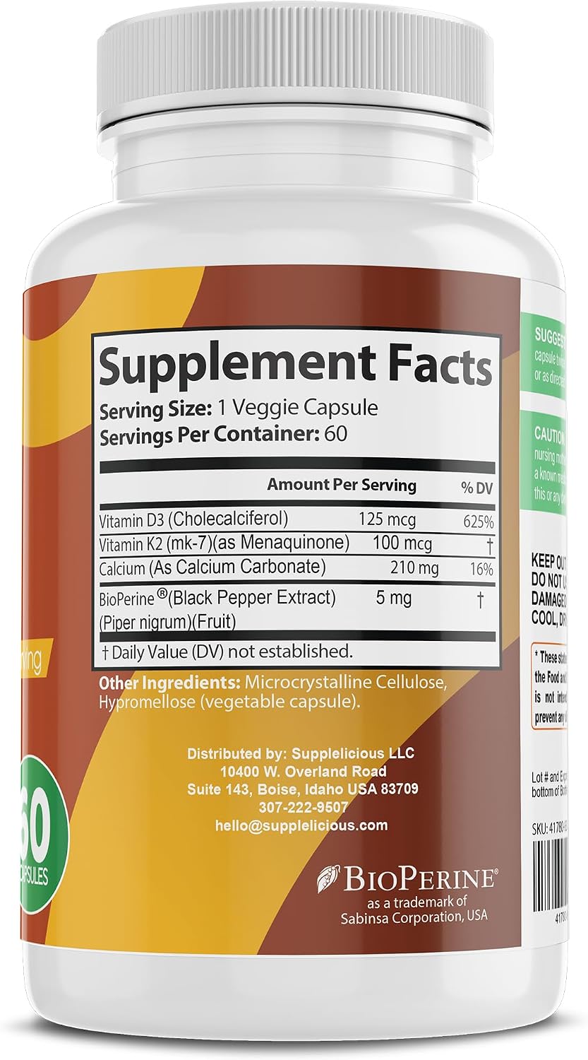 Supplelicious K2 + D3 con Calcio – 200mg por porción – 60 Cápsulas