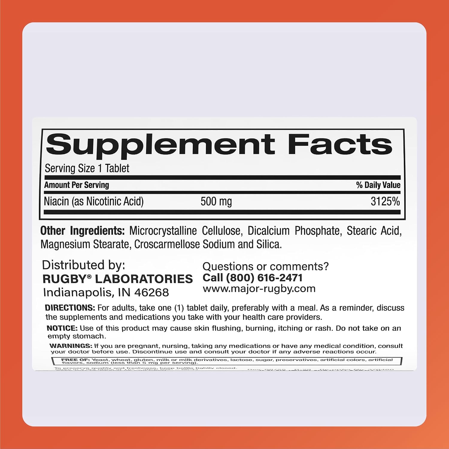 Rugby Niacina 500mg - Suplemento de Vitamina B3 para Hombres y Mujeres - 1000 Comprimidos