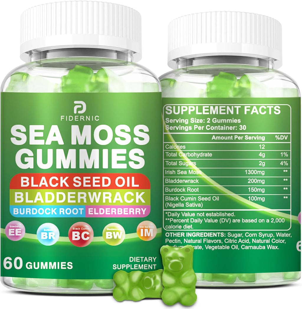 Gominolas de Sea Moss – Musgo Irlandés con Saúco y Aceite de Semilla Negra, Vejiga de Mar, Raíz de Bardana – Sabor a Manzana Verde – 120 Gominolas Veganas
