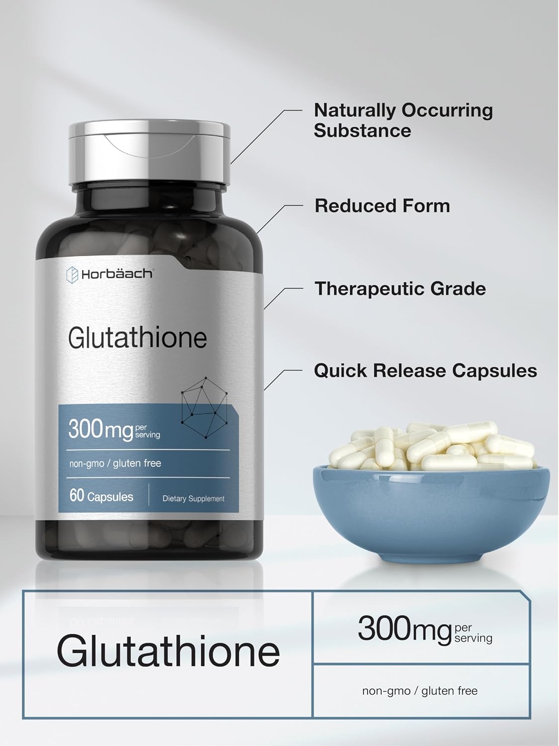 Horbäach Glutathione 300 mg | 60 Cápsulas | No Transgénico y Sin Gluten