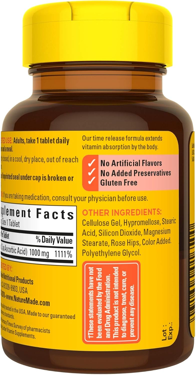 Nature Made Vitamina C 1000 mg Comprimidos de Liberación Prolongada con Escaramujo, 60 Comprimidos