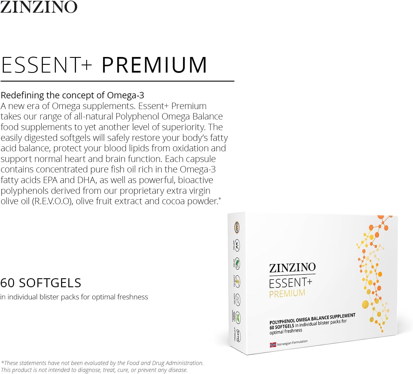 Zinzino - Essent+ Premium, Advanced Polyphenol Omega Balance with Fish Oil, Glycerin, Cold-Pressed Extra Virgin Olive Oil, Vitamin D - 60 Softgels