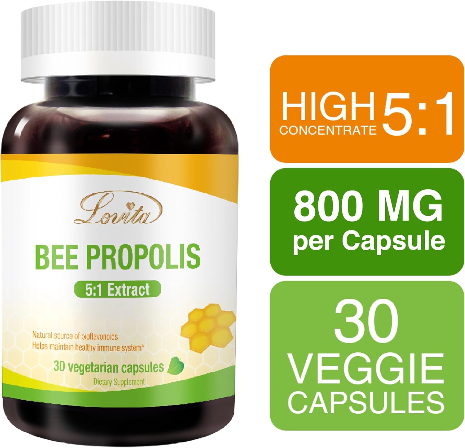 Lovita Propóleo Cápsulas | 800 mg, Concentración 5:1 | Extracto Natural de Propóleo de Abeja | 90 Cápsulas Vegetales (3 Meses)