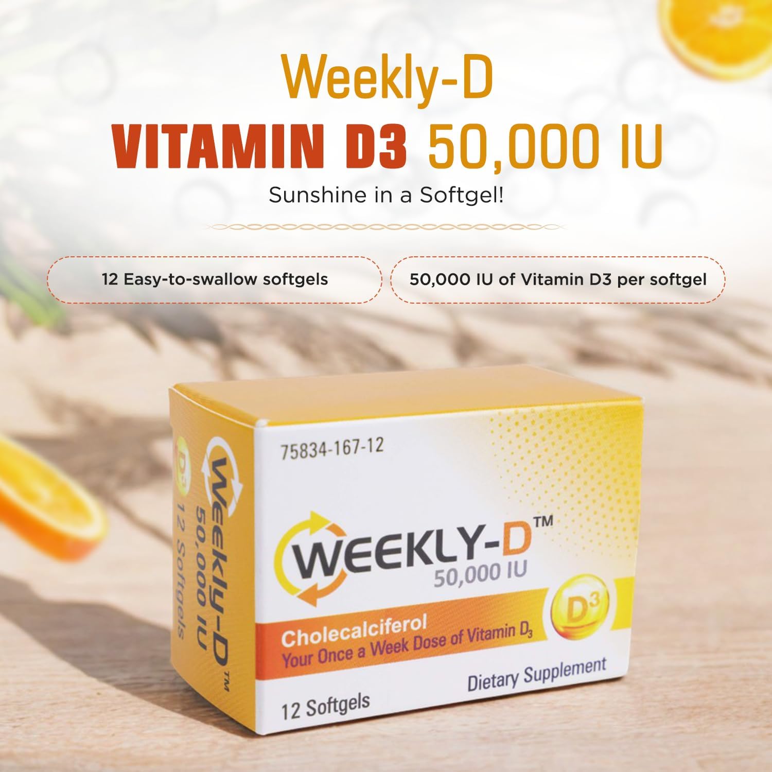 Nivagen Weekly-D Vitamina D3 50.000 IU (Colecalciferol) - Softgels Semanales de Alta Potencia - 12 Softgels
