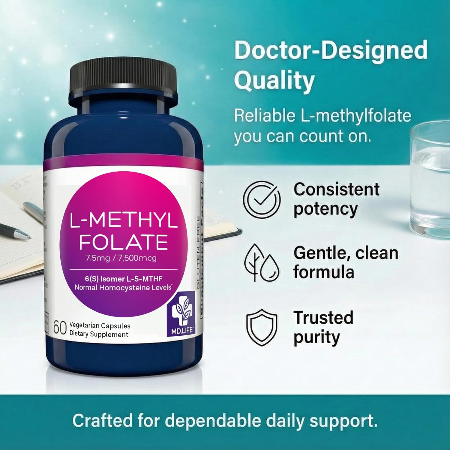 MD Life L-Metilfolato 7.5 mg - 60 Cápsulas - Complemento de Folato Metilado de Alta Potencia