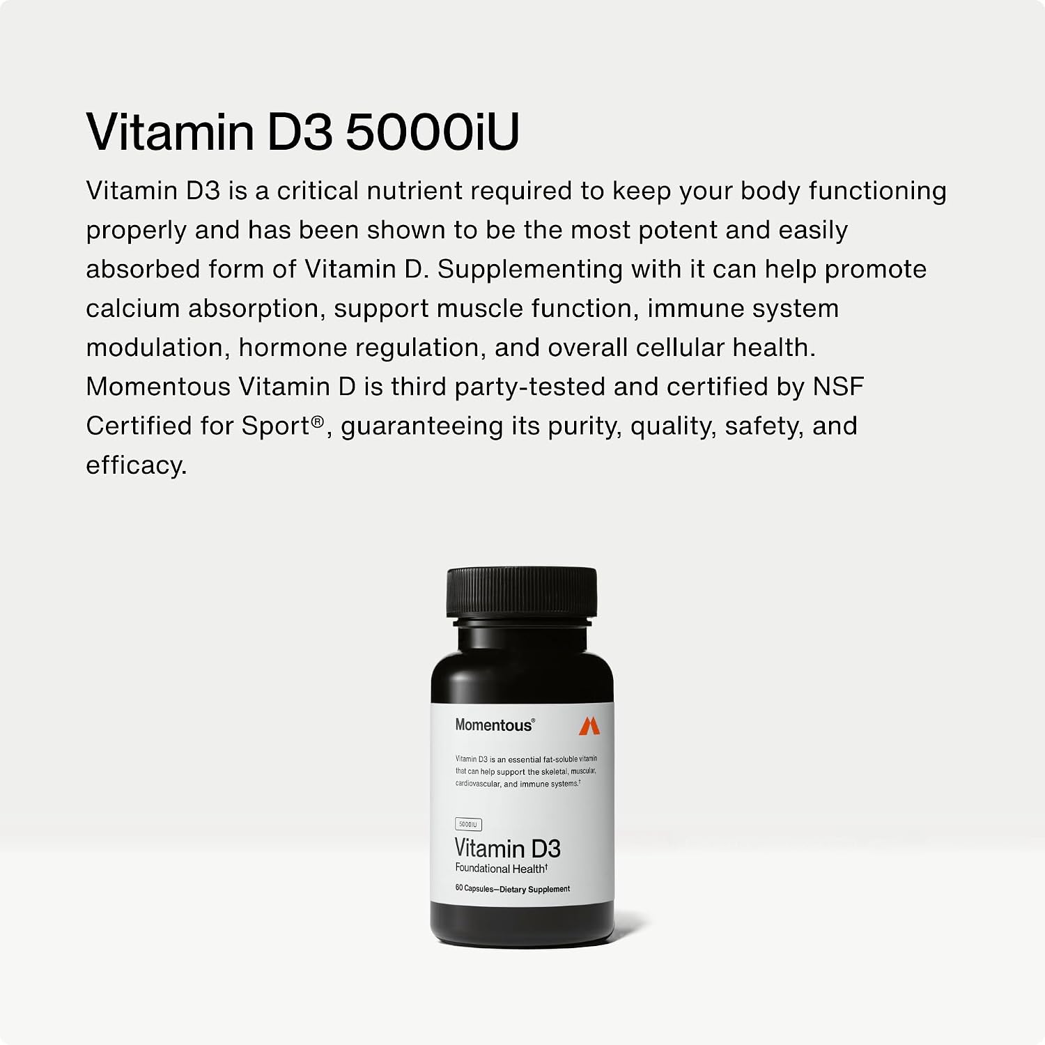 Momentous Vitamina D3 5000 UI - 60 cápsulas - Certificado NSF para deporte
