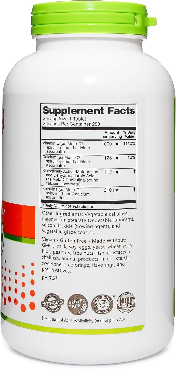 NutriBiotic Meta-C Tabletas de Vitamina C 1000 mg con Espirulina y Bioflavonoides, 250 comprimidos