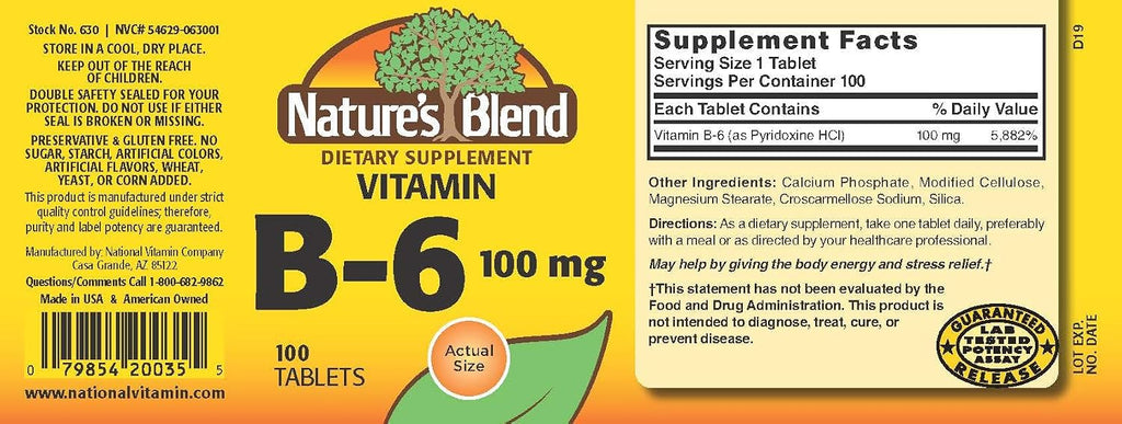 Nature's Blend Vitamina B-6 100 mg, 100 tabletas