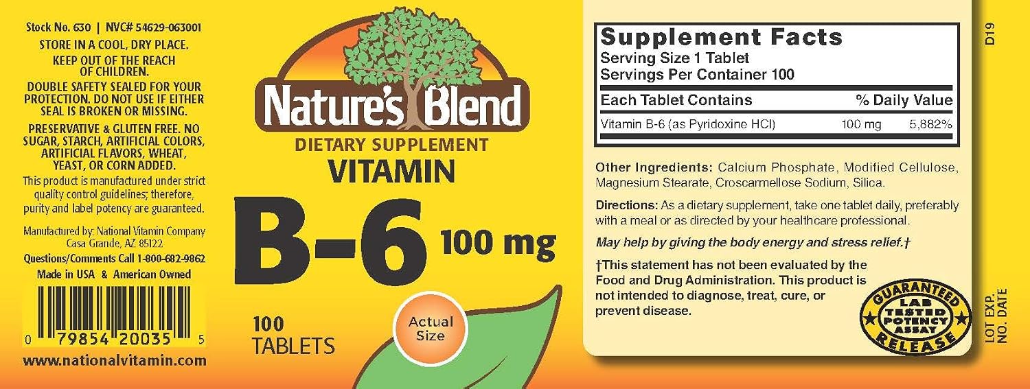 Nature's Blend Vitamina B-6 100 mg, 100 tabletas
