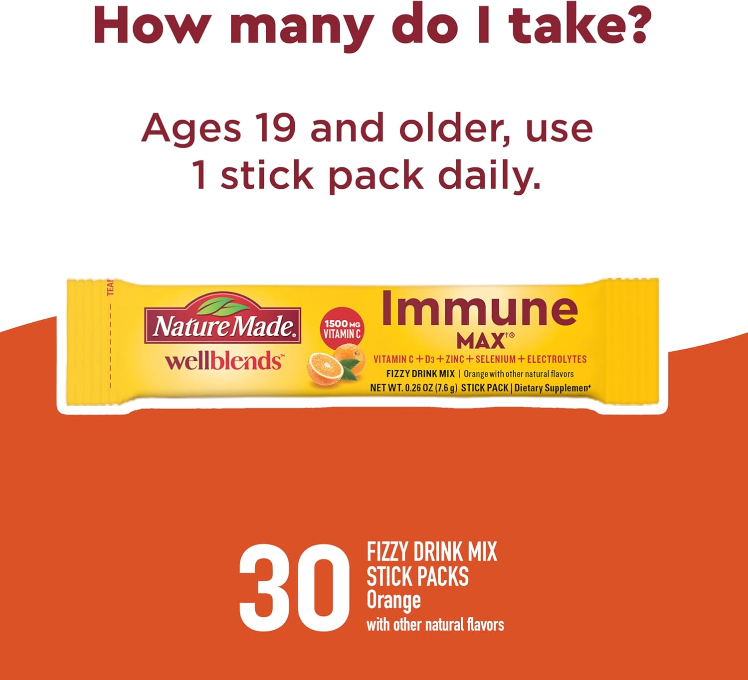 Nature Made Wellblends ImmuneMAX Mezcla Efervescente - Vitamina C 1500 mg, Zinc 15 mg y Vitamina D3, 30 sobres
