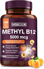 Vitacook Vitamina B12 Sublingual, Metilcobalamina 5000 mcg, 180 Comprimidos de Disolución Rápida, Sabor Melocotón Natural, Vegano