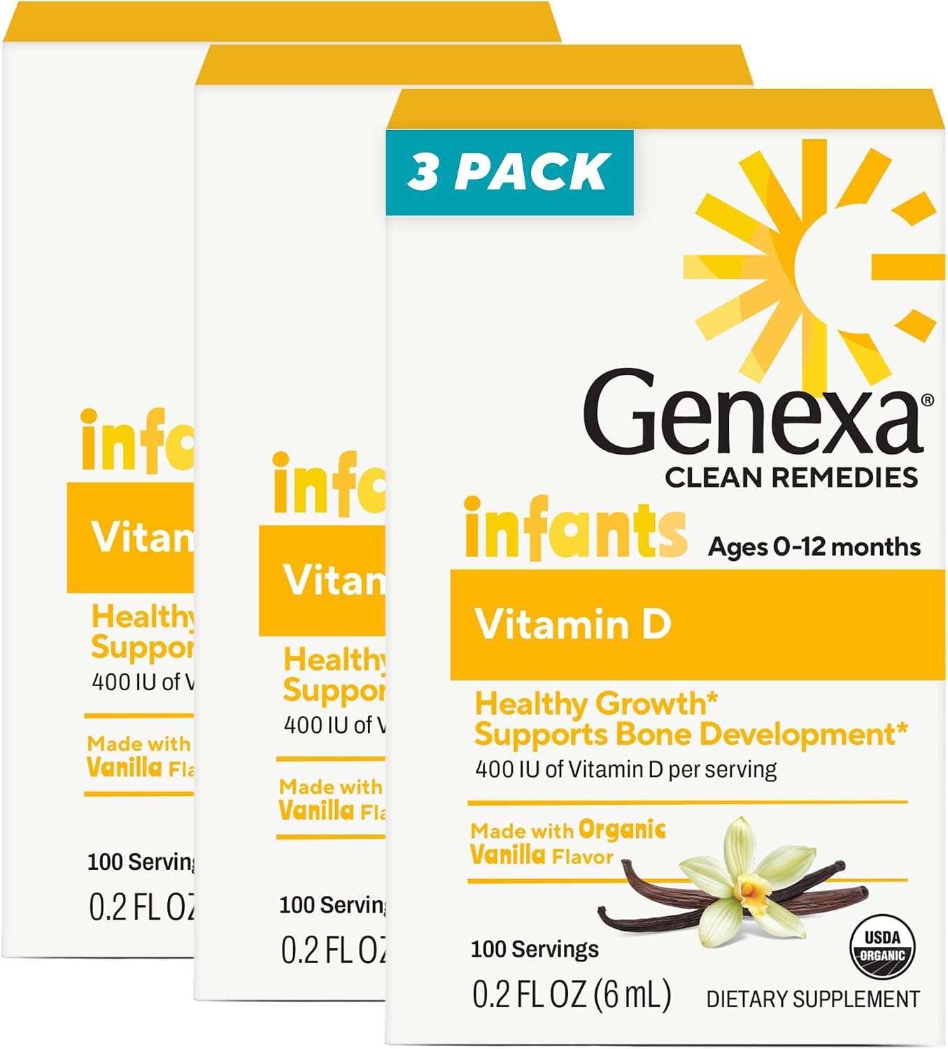 Genexa Gotas de Vitamina D para Bebés - Sabor Vainilla Orgánica - 270 dosis (3 frascos)