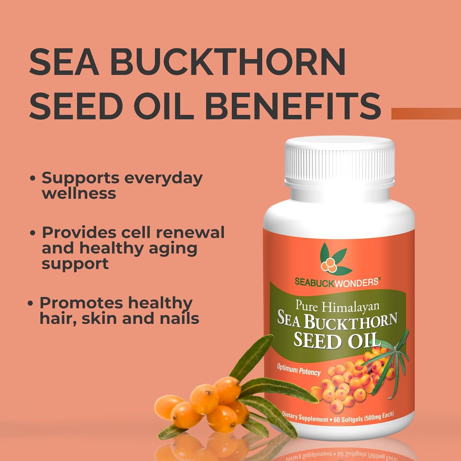 SEABUCKWONDERS Aceite de Semilla de Espino Amarillo Orgánico - Omega 3-6-9, 120 Cápsulas Blandas
