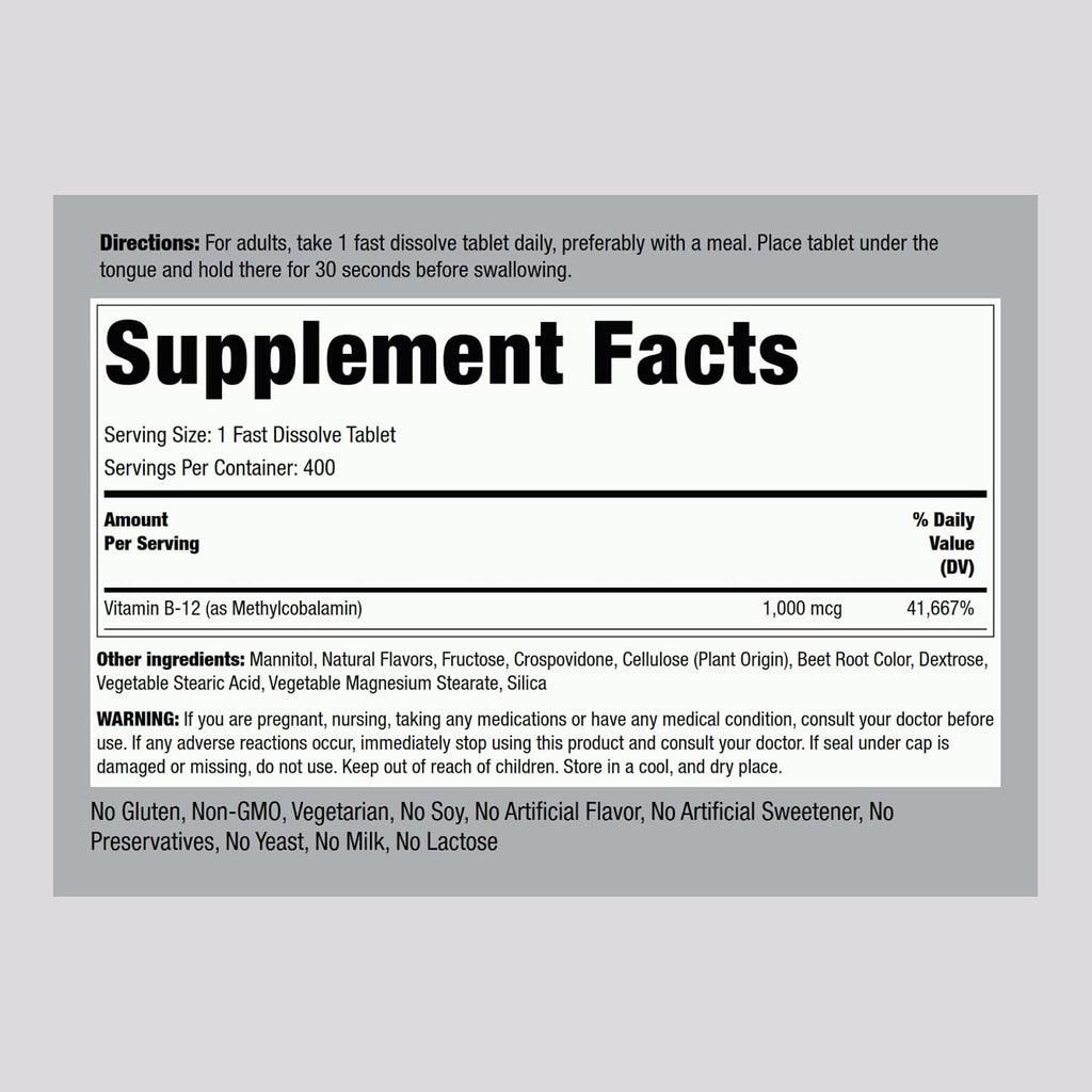Piping Rock Vitamina B12 Sublingual | 1000 mcg | 400 Comprimidos | Metilcobalamina | Sabor a Frutos del Bosque
