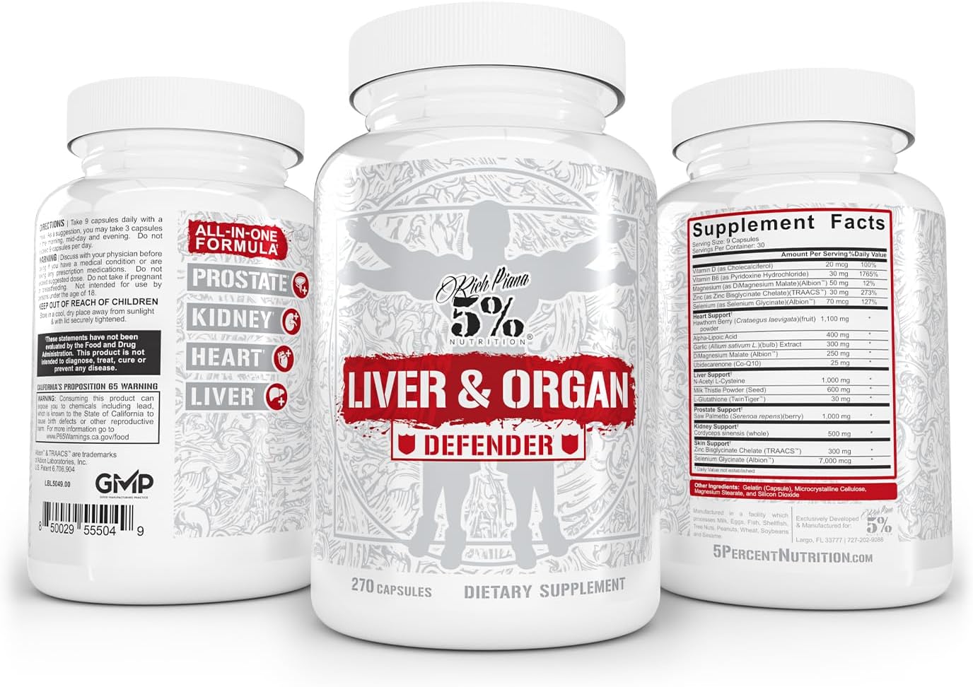Rich Piana 5% Nutrition Liver & Organ Defender Cycle Support Plus NAC | Apoyo Hepático, Próstata, Corazón, Riñones y Piel | Cardo Mariano, Saw Palmetto, Espino Blanco (30-90 Servicios)