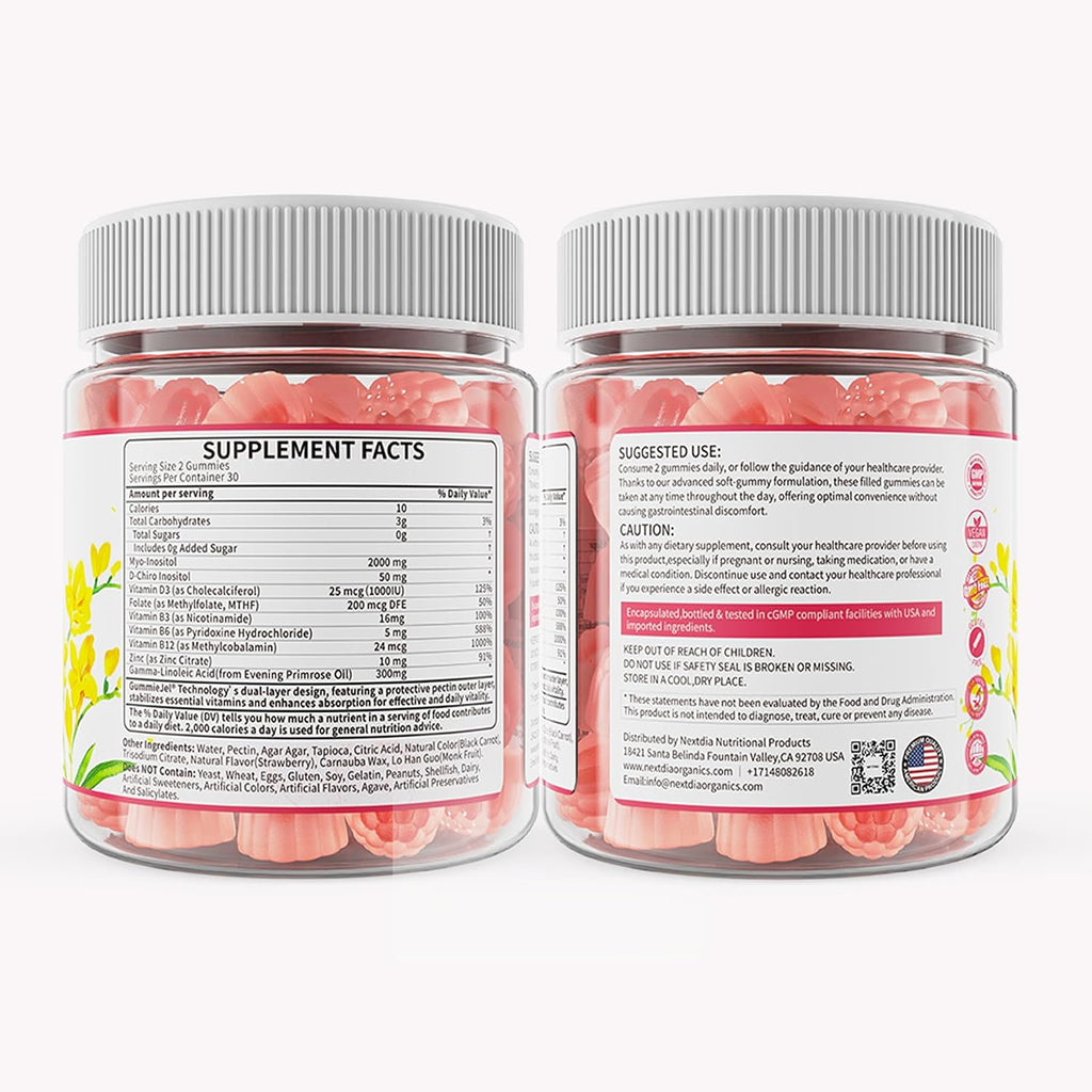 Inositol Gummies con Aceite de Onagra para Mujeres - 40:1 Myo-Inositol 2000mg & D-Chiro Inositol 50mg con Vit D3 B6 B12 y Zinc, Sin Azúcar, Vegano (60 unidades)