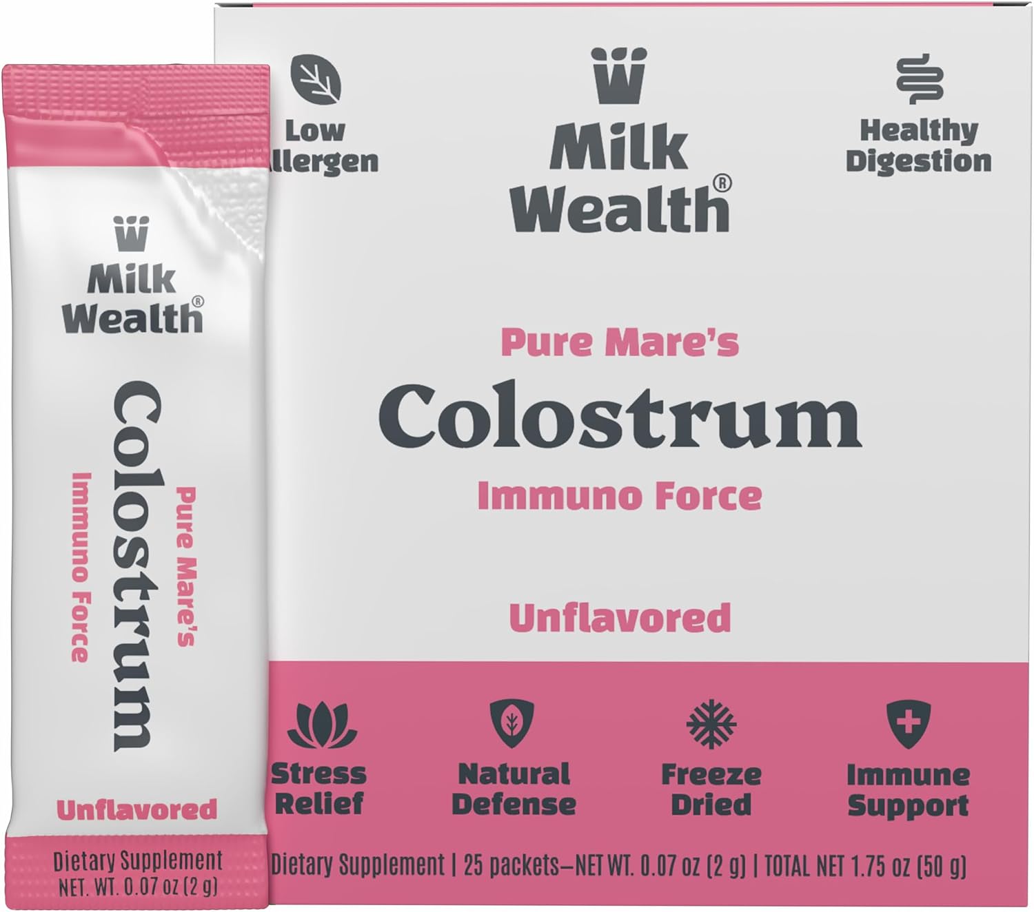 Milk Wealth™ Calostro Bovino en Polvo 50g | Liofilizado con IgG Natural | Apoyo Inmunitario y Salud Intestinal | Pasto Alimentado y Sin Sabor | No Transgénico y Sin Gluten | 25 Sobres Individuales (2g Cada Uno)