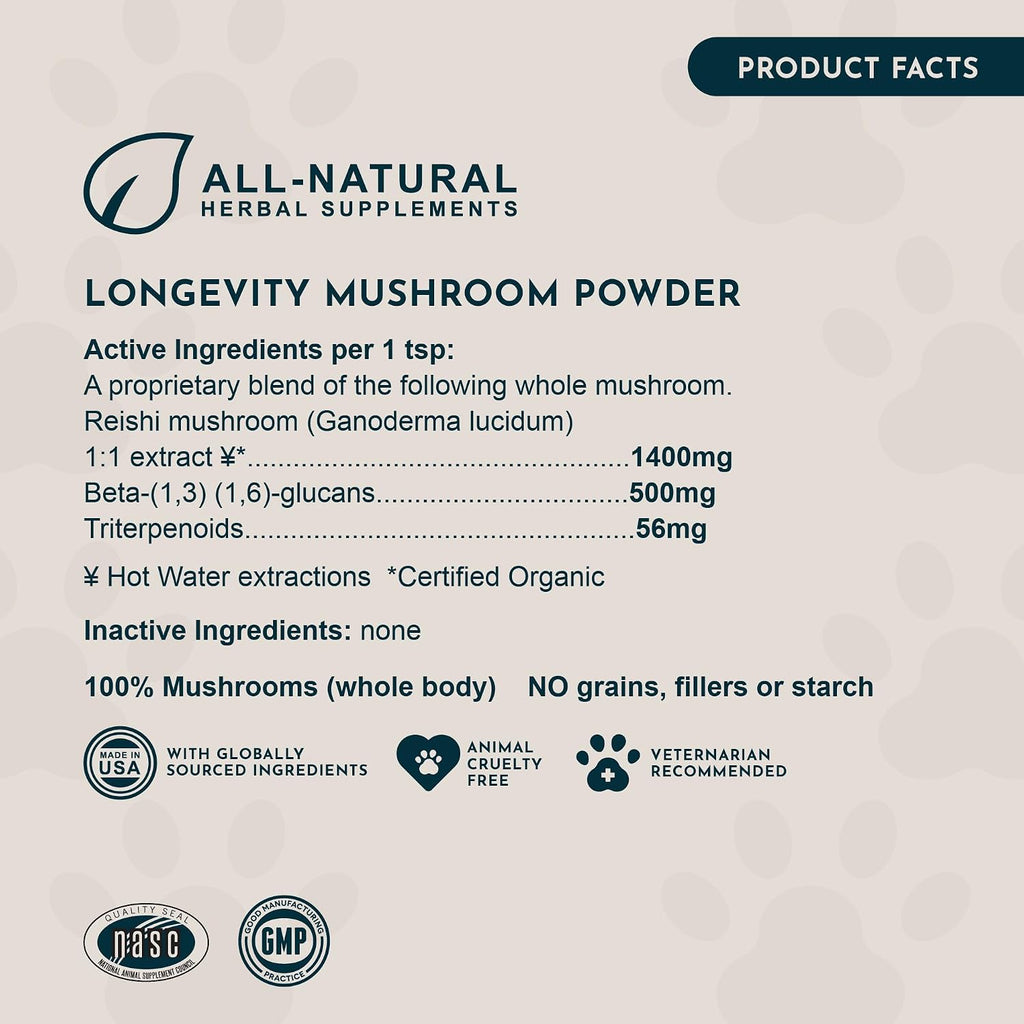 Animal Essentials Longevity Suplemento de Hongo Reishi para Perros y Gatos - Extracto en Polvo, Salud Cardiovascular y Hepática, Antioxidante - 50g