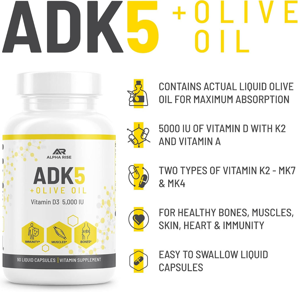 ADK 5 Suplemento con Vitaminas A, D3 y K2 (MK7+MK4) - 90 Cápsulas Líquidas Vegetarianas