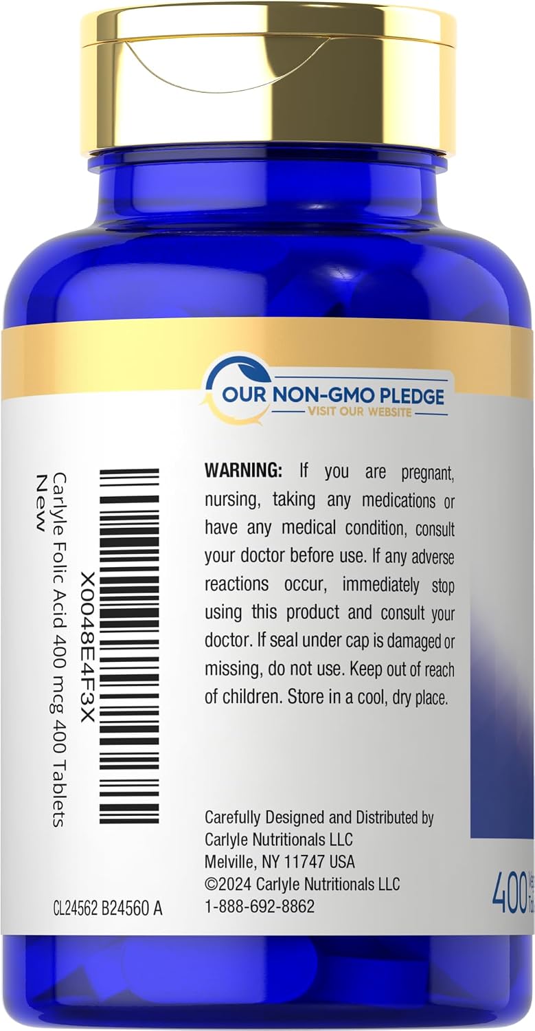 Carlyle Ácido Fólico 400 mcg | 400 Comprimidos | Vegetariano, No-GMO, Sin Gluten