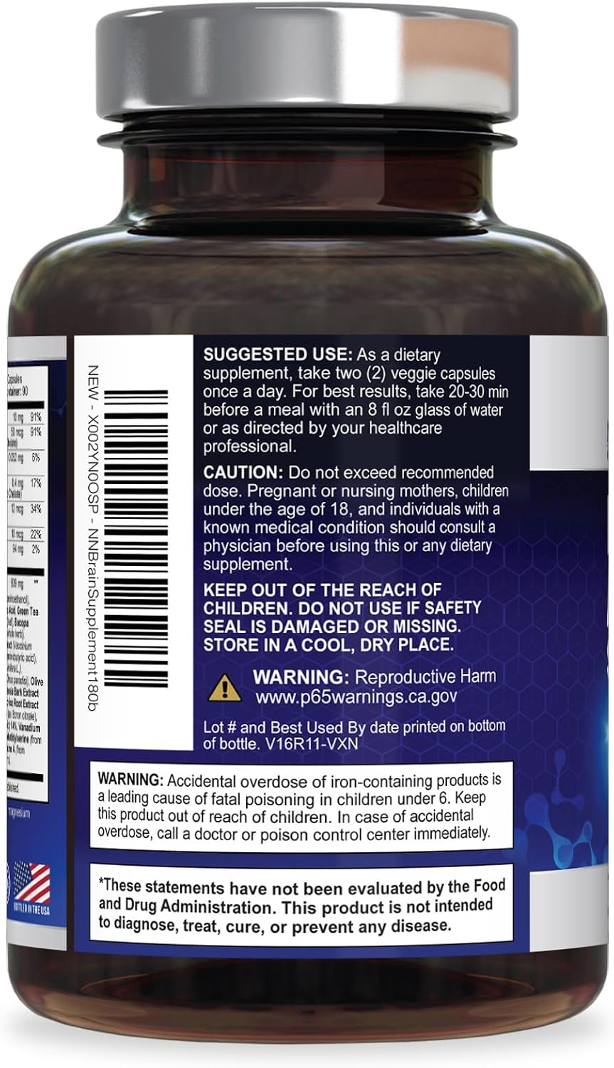 Brain Memory Supplement - 3X Strength Nootropics para Concentración y Claridad - 180 Cápsulas