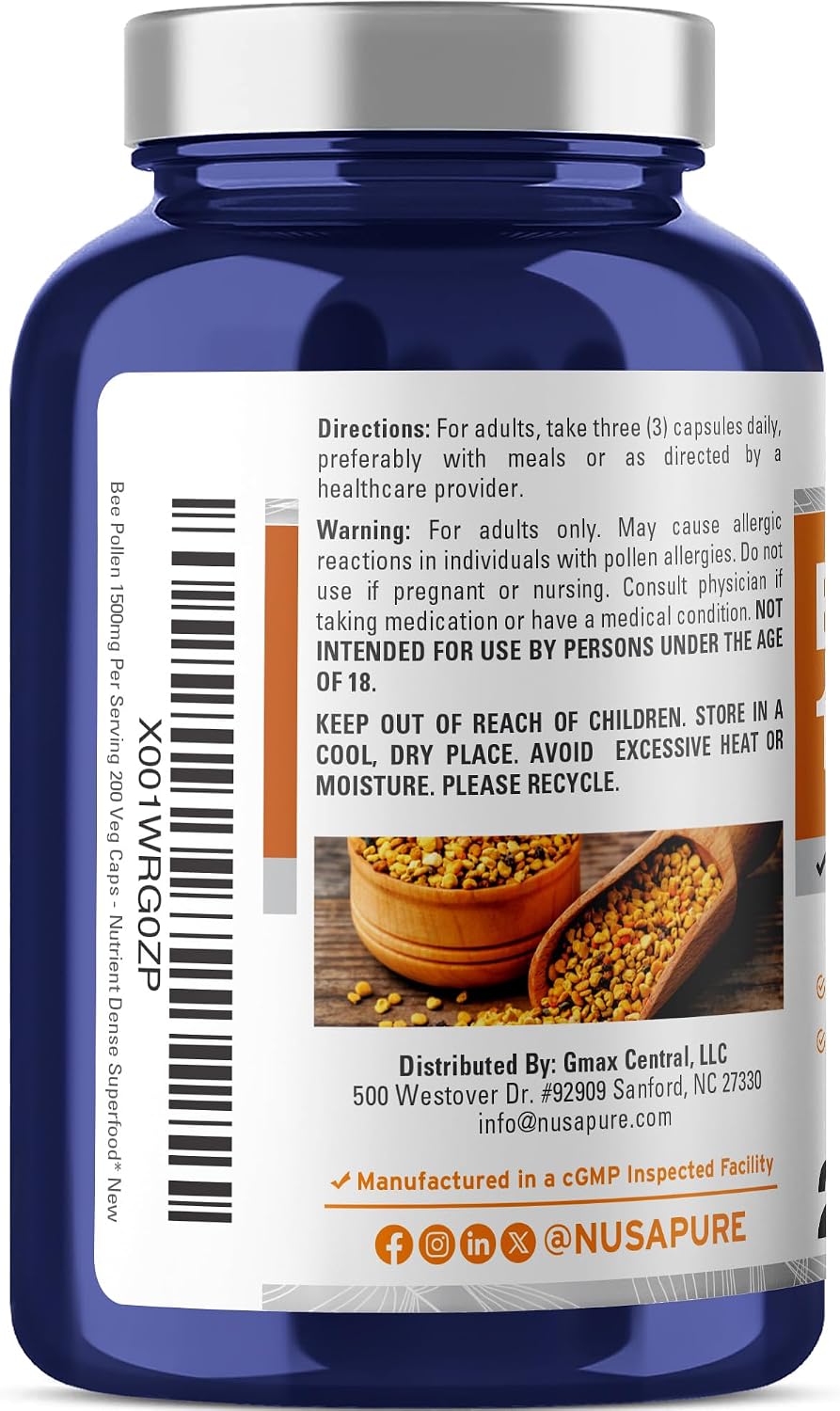 NusaPure Polen de Abeja 1500mg 200 Cápsulas Vegetales (Vegano, Sin OGM)
