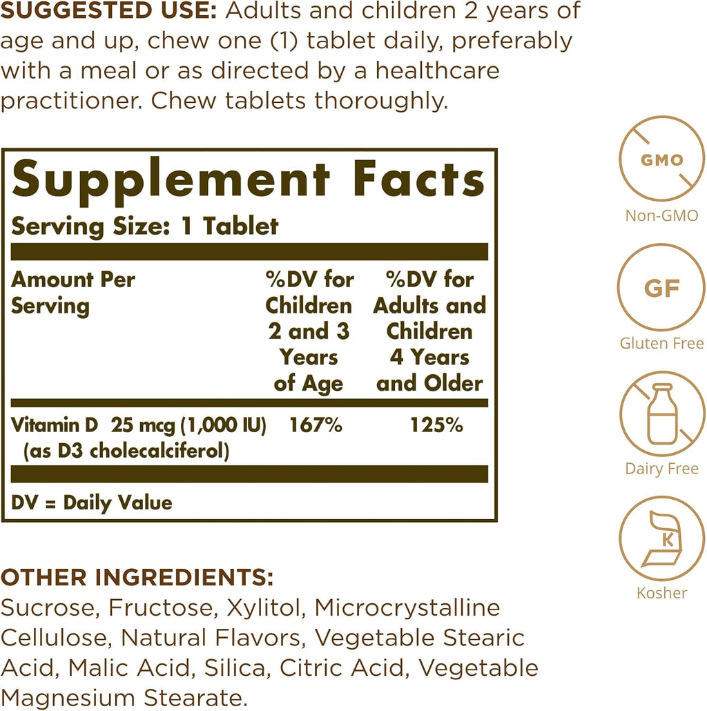 Solgar Vitamina D3 (Colecalciferol) 25 mcg (1000 UI), Sabor Natural Fresa Plátano – 100 Comprimidos Masticables – Sin OGM, Kosher