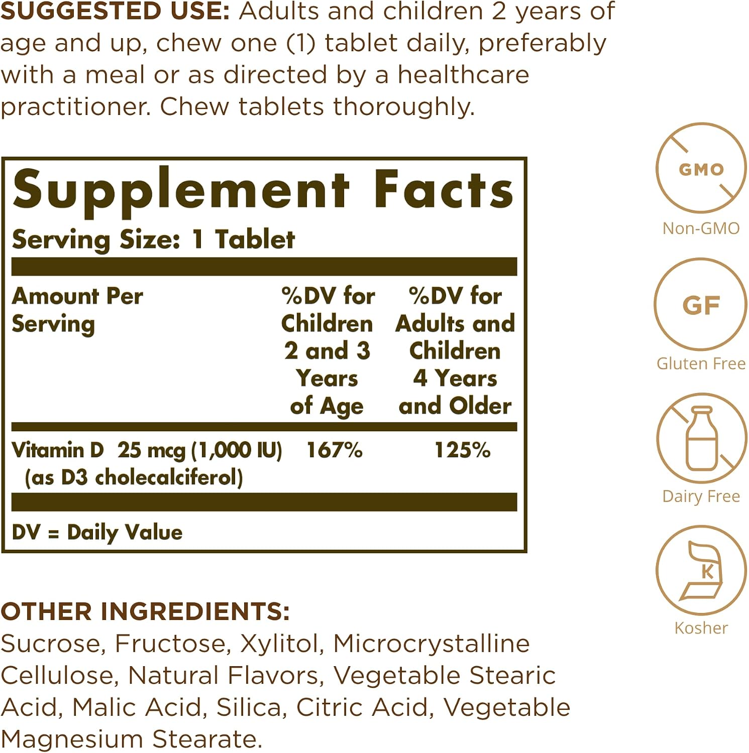 Solgar Vitamina D3 (Colecalciferol) 25 mcg (1000 UI), Sabor Natural Fresa Plátano – 100 Comprimidos Masticables – Sin OGM, Kosher