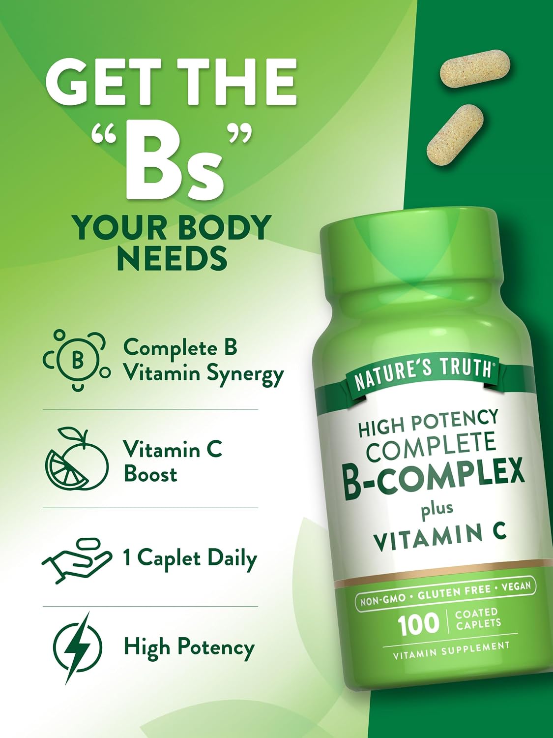Nature's Truth Complejo B + Vitamina C | 100 Comprimidos | Vegano, No-GMO y Sin Gluten