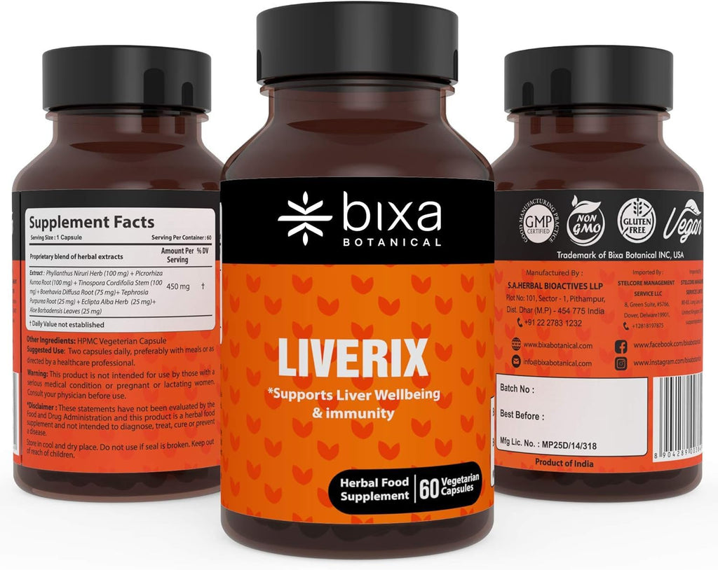 bixa BOTANICAL Liverix Cápsulas - Guduchi (Giloy), Phyllanthus niruri, Kutaki Extracto - 60 Cápsulas Veganas (450 mg)