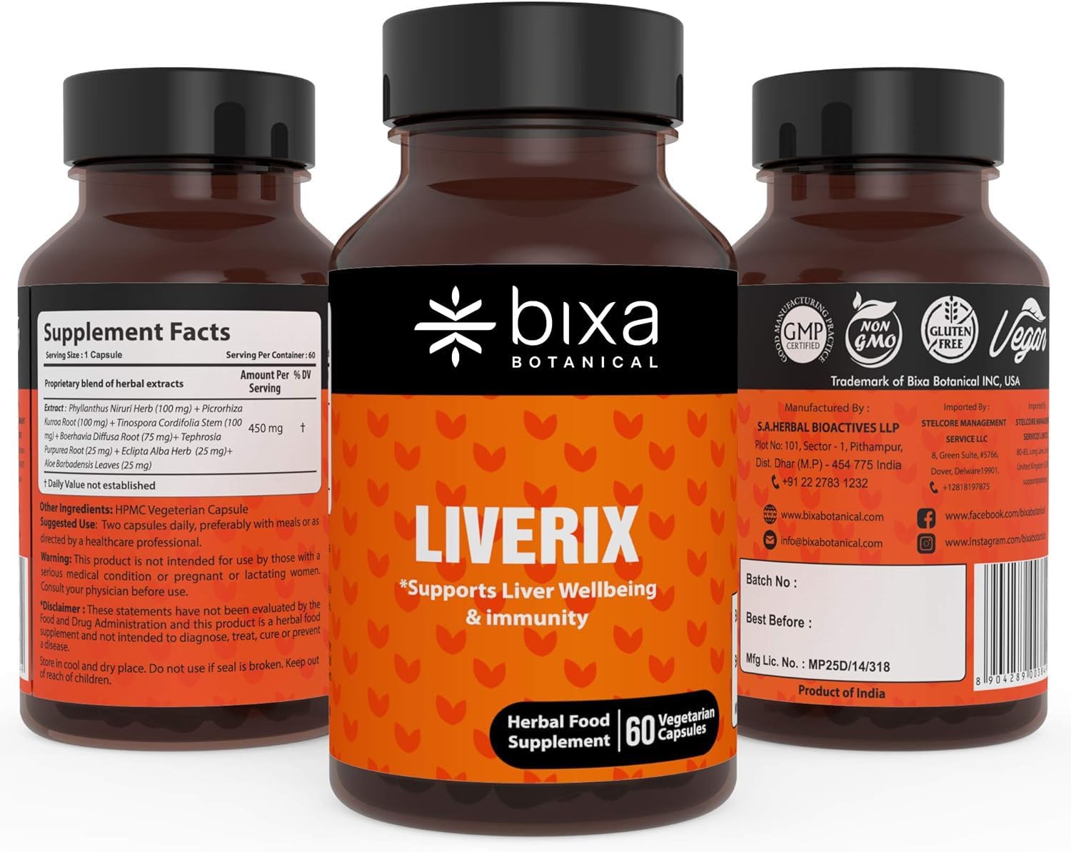 bixa BOTANICAL Liverix Cápsulas - Guduchi (Giloy), Phyllanthus niruri, Kutaki Extracto - 60 Cápsulas Veganas (450 mg)
