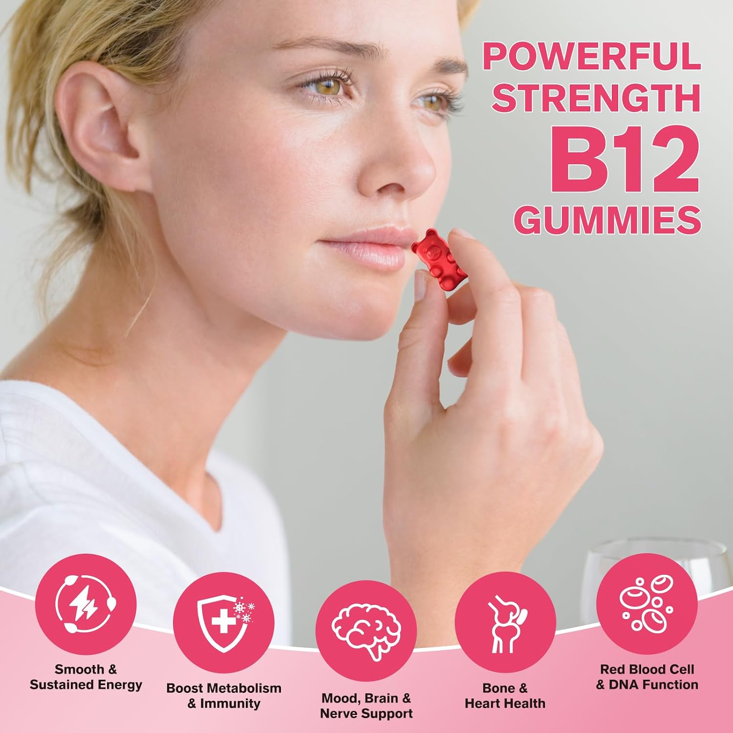 Gominolas de Vitamina B12 5000 mcg (Metilcobalamina) con B6, D3, Hierro y Folato - Sin Azúcar - Sabor Fresa