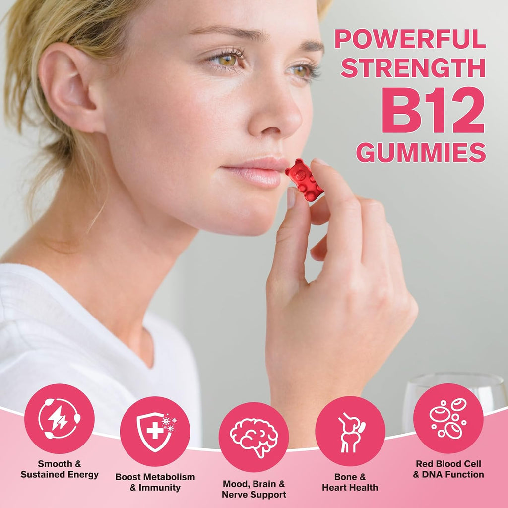 Gominolas de Vitamina B12 5000mcg con B6, D3, Hierro y Folato para Mujeres y Hombres - 2 Paquetes, Sin Azúcar