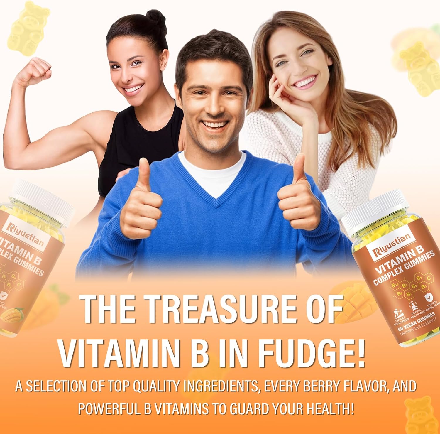 Complejo B Gummies con Biotina, Colina, Inositol, Vitamina C y Zinc - Sabor Mango - 120 Gominolas Veganas