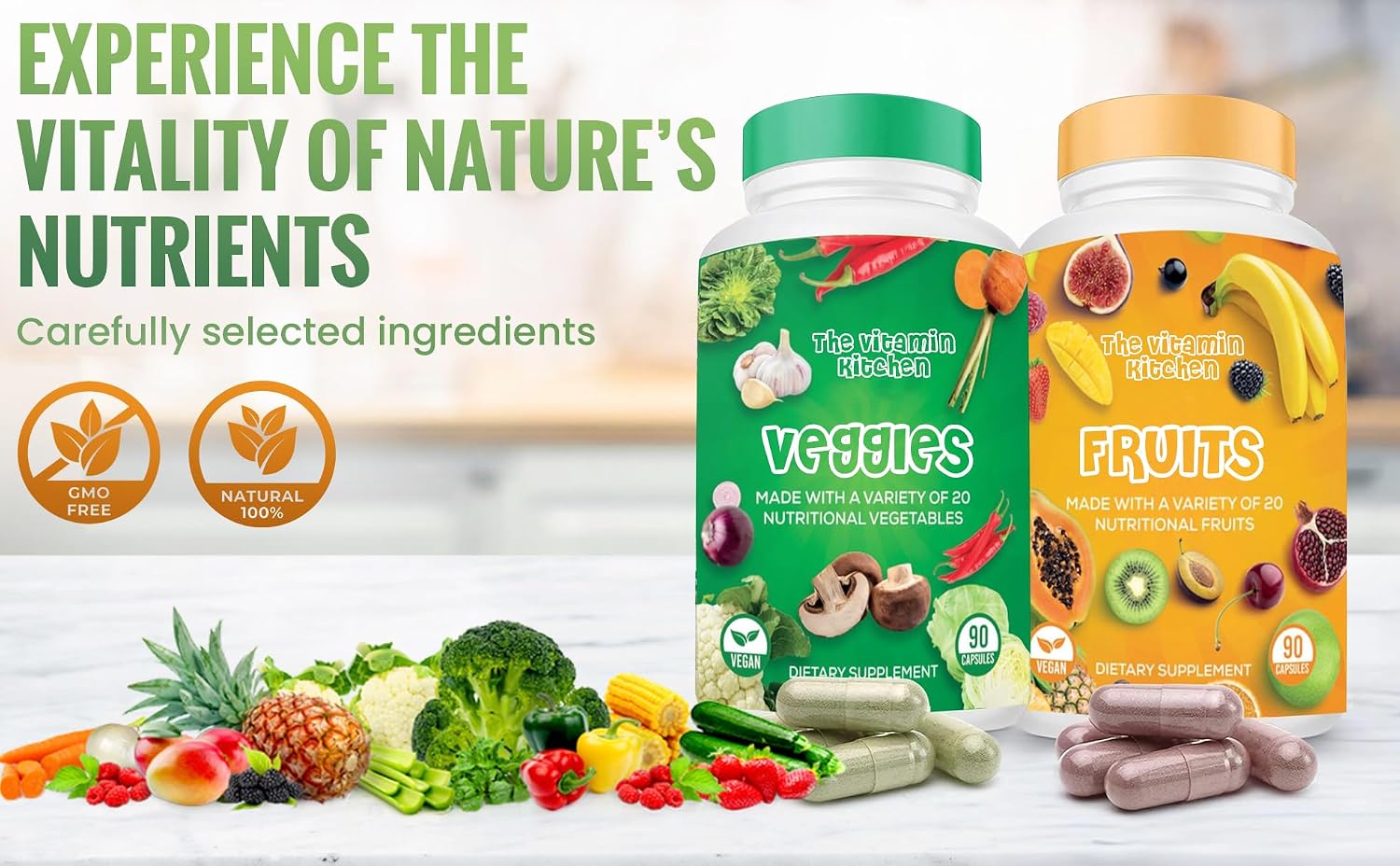 The Vitamin Kitchen Suplemento de Frutas y Verduras – 90 Frutas, 90 Verduras Cápsulas Veganas – Pack de 2 (180 Cápsulas)