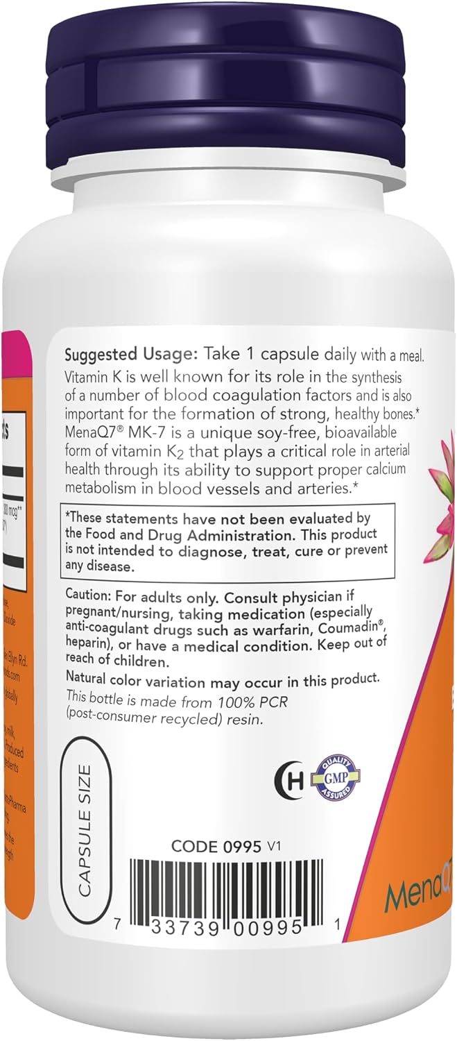 NOW Foods MK-7 Vitamina K-2 300 mcg, Apoyo Cardiovascular y Salud Ósea, 120 Cápsulas Veganas