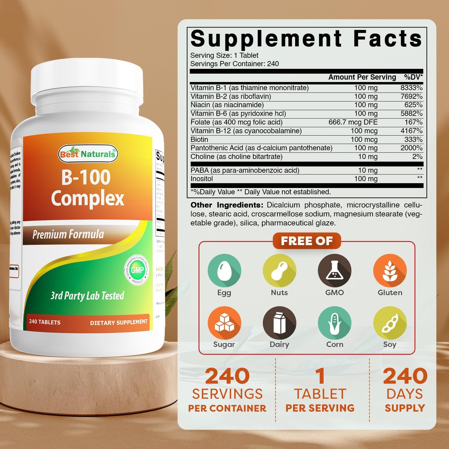 Best Naturals Complejo B con Inositol y PABA, 240 Comprimidos - Fabricado en EE. UU. - No-GMO y Sin Gluten