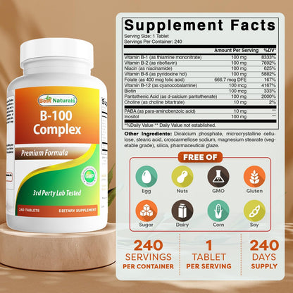 Best Naturals Complejo B con Inositol y PABA, 240 Comprimidos - Fabricado en EE. UU. - No-GMO y Sin Gluten – Image 3