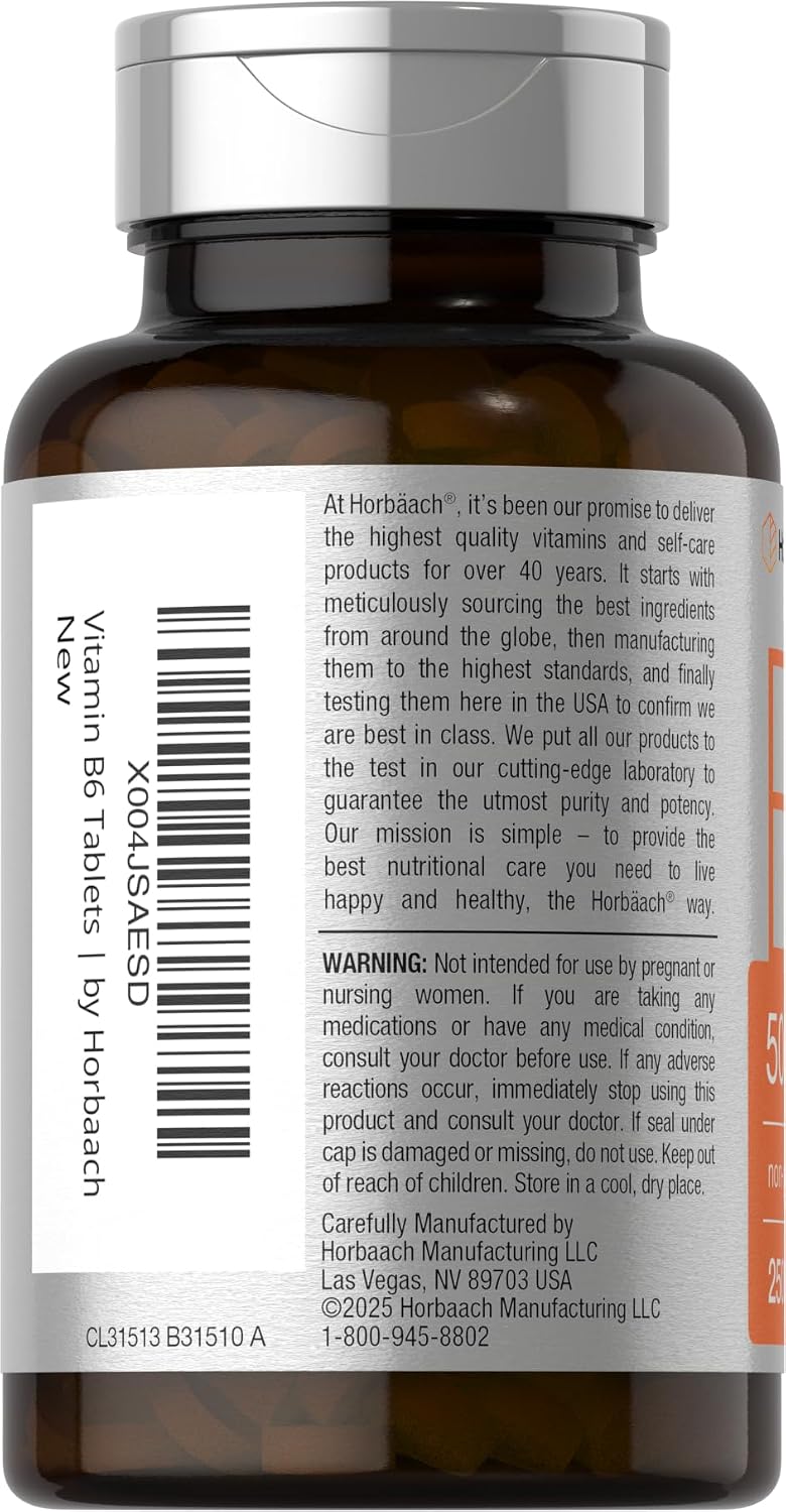 Horbäach Vitamina B6 50mg | 250 Comprimidos | Sin Gluten y No-GMO