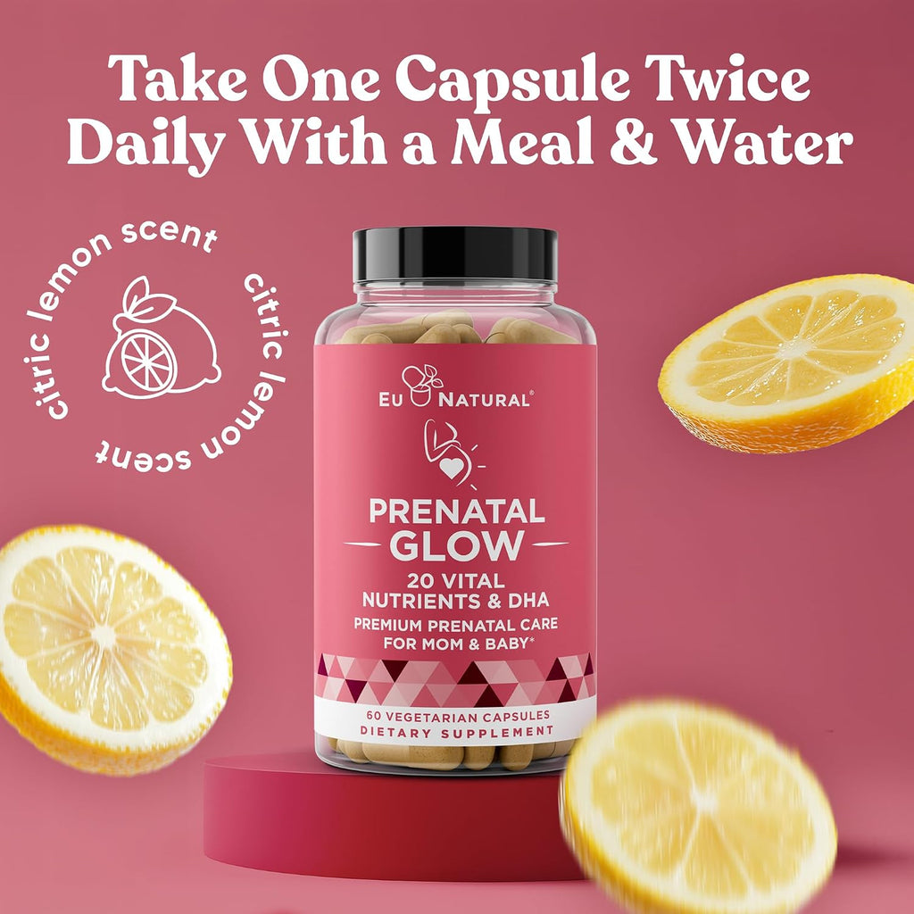 Eu Natural Glow Vitaminas Prenatales para Mujeres - Multivitamínico 20-en-1 con Folato y DHA Vegano - Apoya el Embarazo Saludable y el Desarrollo Fetal - 120 Cápsulas Vegetarianas