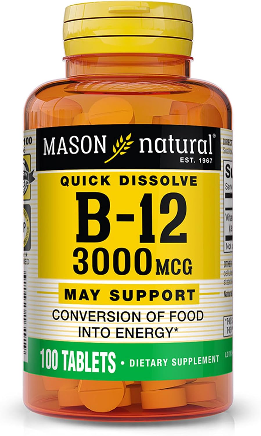 Mason Natural Vitamina B12 3000 mcg - Tabletas Sublinguales de Disolución Rápida, Sabor Frambuesa, 100 Tabletas