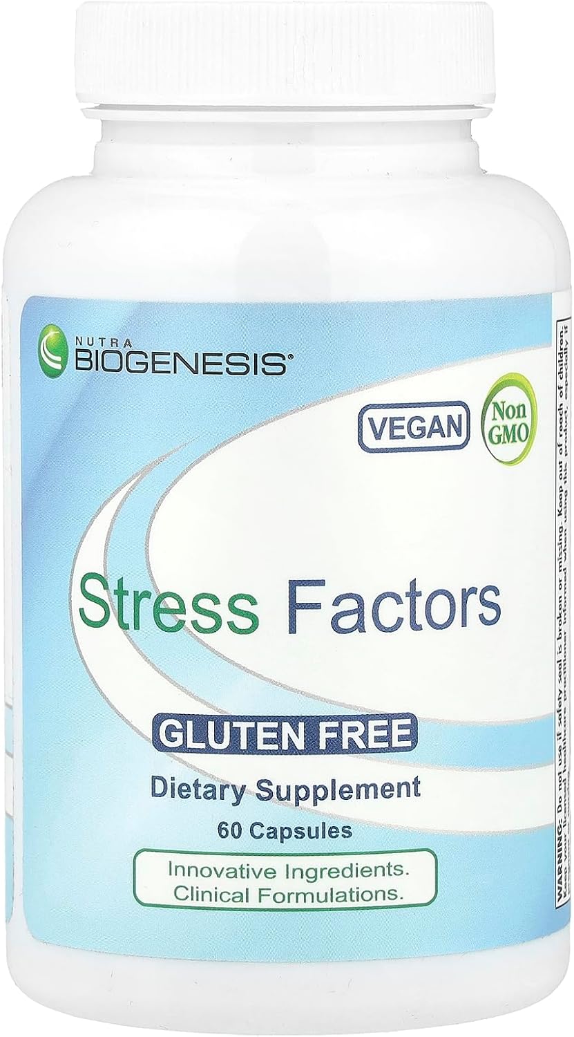 Nutra BioGenesis Stress Factors - Complemento para el Estrés Ocasional con GABA y L-Theanina, 60 Cápsulas Veganas