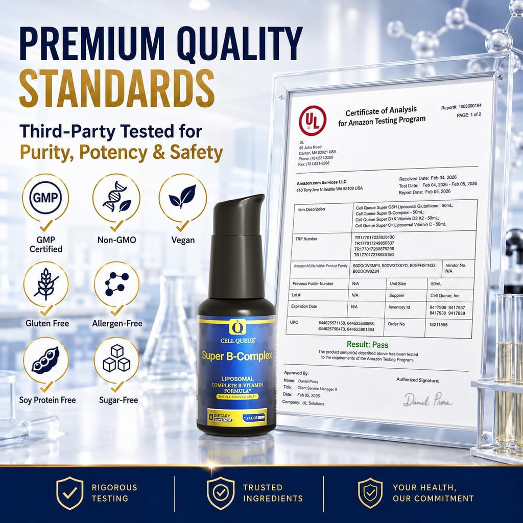 Cellqueue Complejo B Metilado Liposomal - Fórmula Activa de Vitaminas B con Metil B12, Folato, TMG y Cardo Mariano, Apoya la Energía, el Estado de Ánimo, la Cognición, el Sistema Nervioso y la Función Hepática, 50 ml