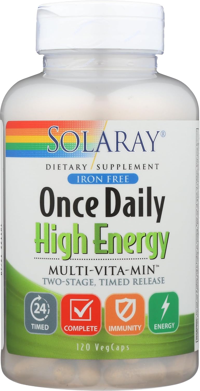 SOLARAY High Energy Multivitamin – Sin Hierro, 1 al Día, Liberación Prolongada, Base de Alimentos Integrales y Hierbas, 120 Cápsulas Veganas