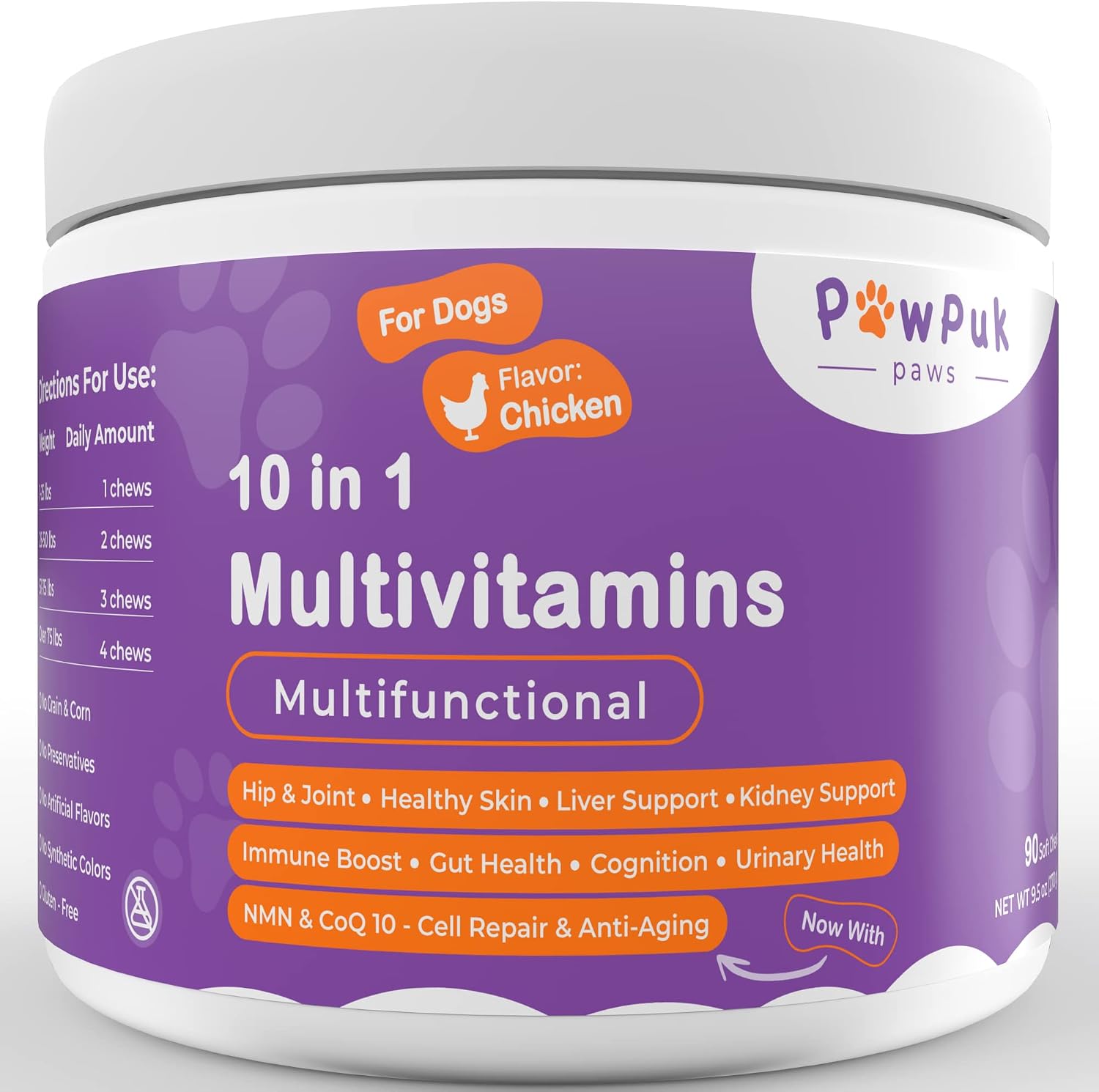 Pawpuk Paws Suplemento Multifuncional para Perros con Silimarina, Mejillón de Labio Verde, Glucosamina, MSM, Aceite de Salmón, Probióticos, Co-Q10, NMN