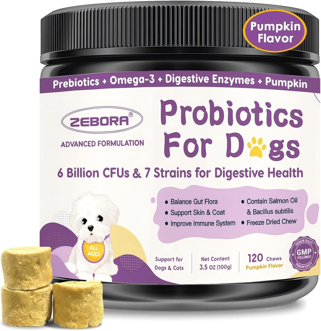 ZEBORA Probióticos para Perros, para la Salud Digestiva, con Calabaza, Enzimas Digestivas, Omega-3, Apoya la Salud Intestinal e Inmune, 120 Masticables Liofilizados