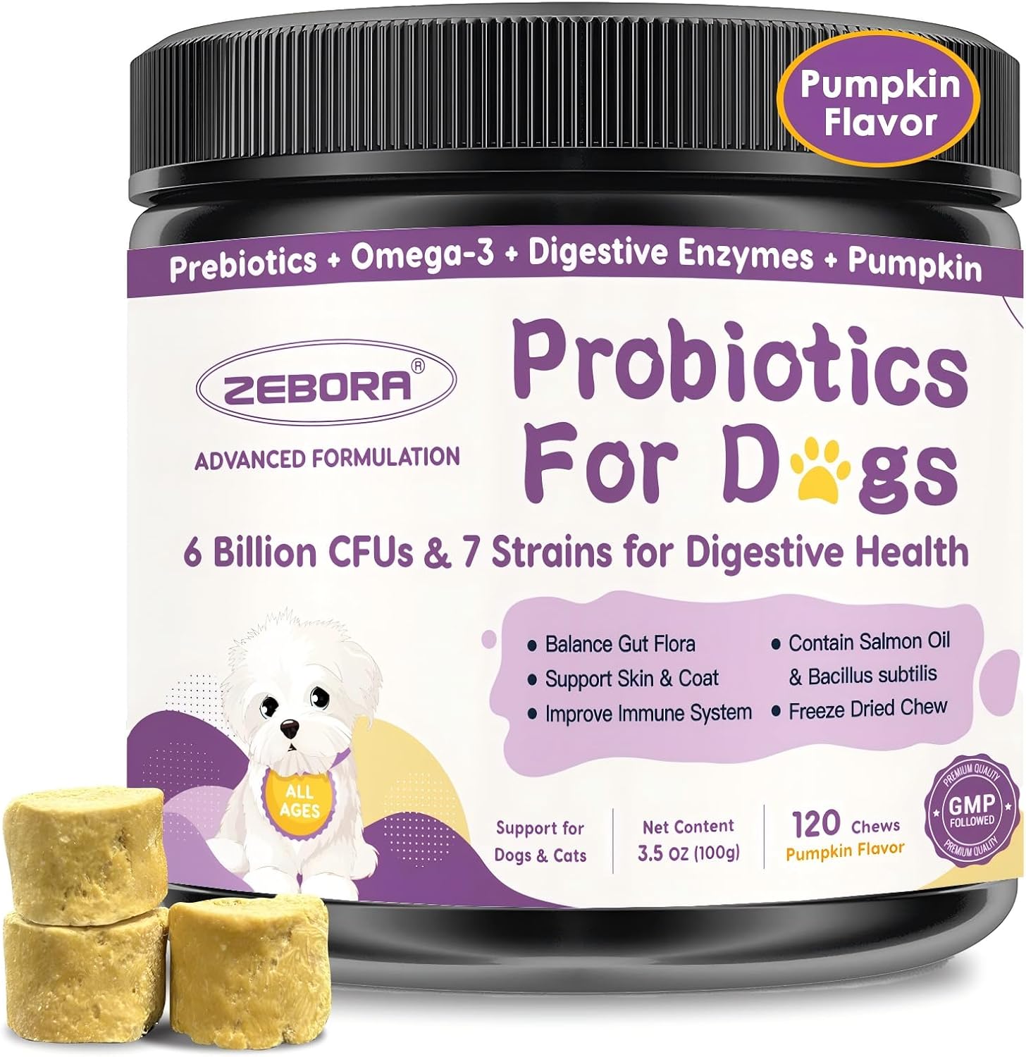 ZEBORA Probióticos para Perros, para la Salud Digestiva, con Calabaza, Enzimas Digestivas, Omega-3, Apoya la Salud Intestinal e Inmune, 120 Masticables Liofilizados