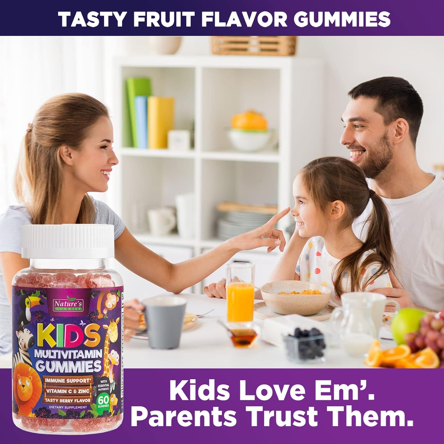Multivitamínico Infantil Gomitas - Complejo de Vitaminas Diarias para Niños con Vitamina D, Vitaminas B, Zinc y Más - Apoyo Energía, Memoria y Sistema Inmunológico - Sabor Bayas Natural - 60 Gomitas