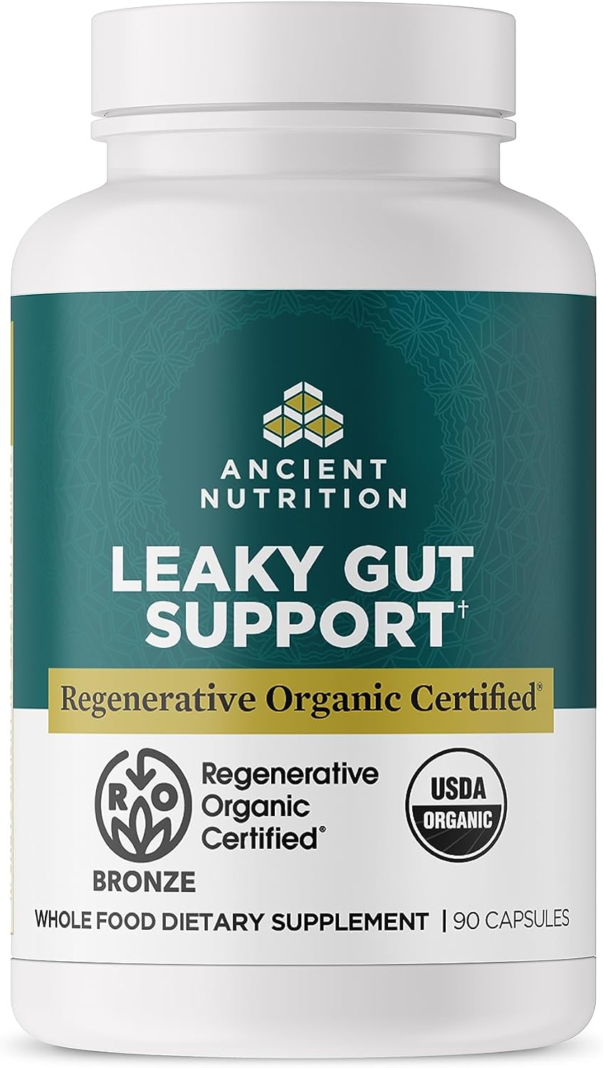 Ancient Nutrition Suplemento de Salud Intestinal, Certificado Orgánico Regenerativo, Cápsulas para el Soporte Intestinal, Formulado con Melena de León, Raíz de Regaliz Fermentada y Hierbabuena, Sin Gluten, Paleo y Keto, 90 Cápsulas